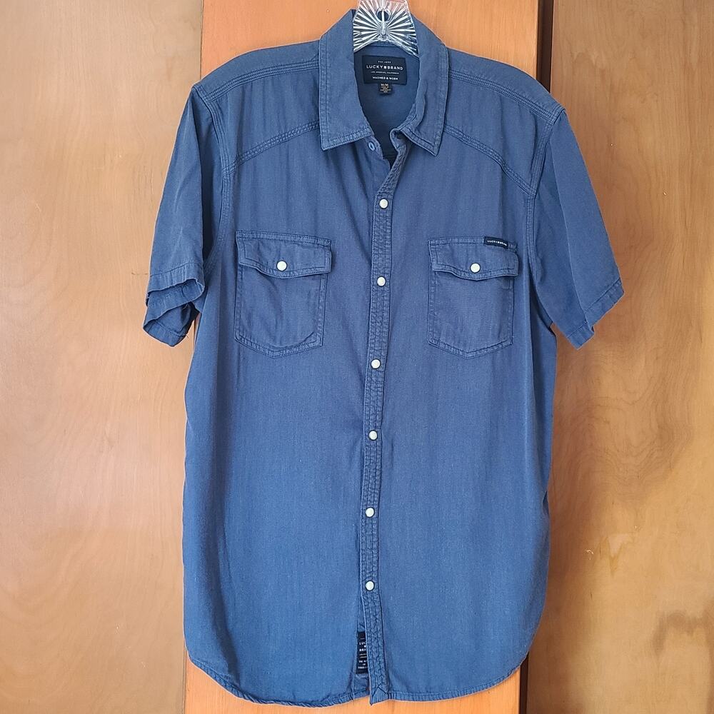 Mens Lucky Brand Pearl Snap Down SS Shirt Medium Blue Western Casual